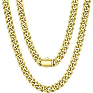 Men's 9MM Width-Gold Stainless Steel Miami Cuban Curb Link Chain Necklace